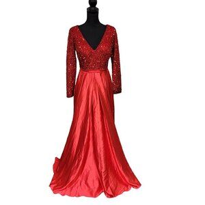 Beautiful Red‎ Gown Formal Dress V-Neck Sequins Long Sleeves, NWT